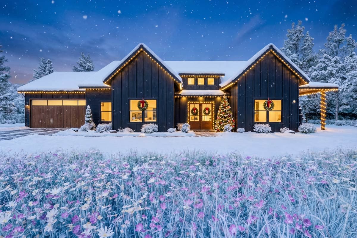 A snow-covered house decorated with Christmas lights and wreaths. A Christmas tree stands beside the front door, with a field of flowers in the foreground.