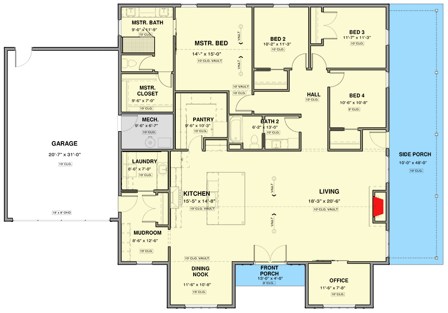 Plan 600013PDZ: 4-Bed Modern Farmhouse Plan with Vaulted Living Space - 2597 Sq Ft - Floor Plan - Main Level - Modern Farmhouse, New American, Ranch