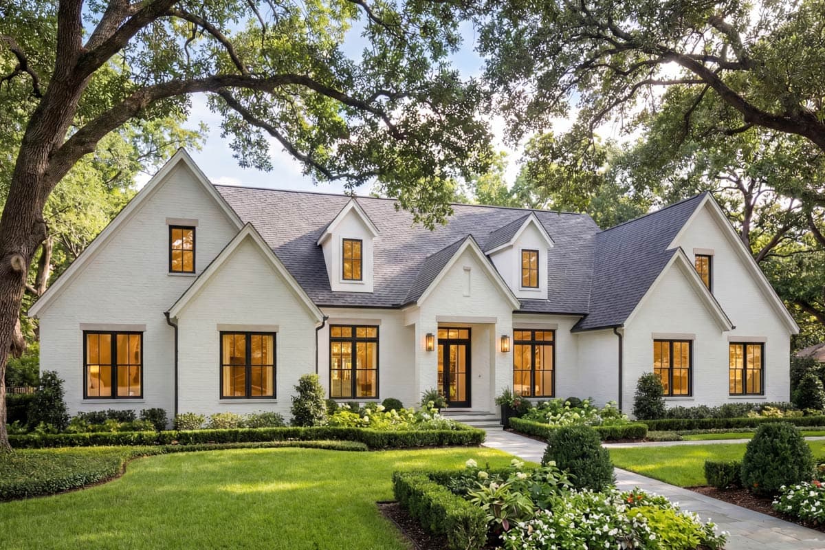 House plan exterior: two-story Modern Farmhouse with white brick, multiple gables, dormers, and dark-trimmed windows.