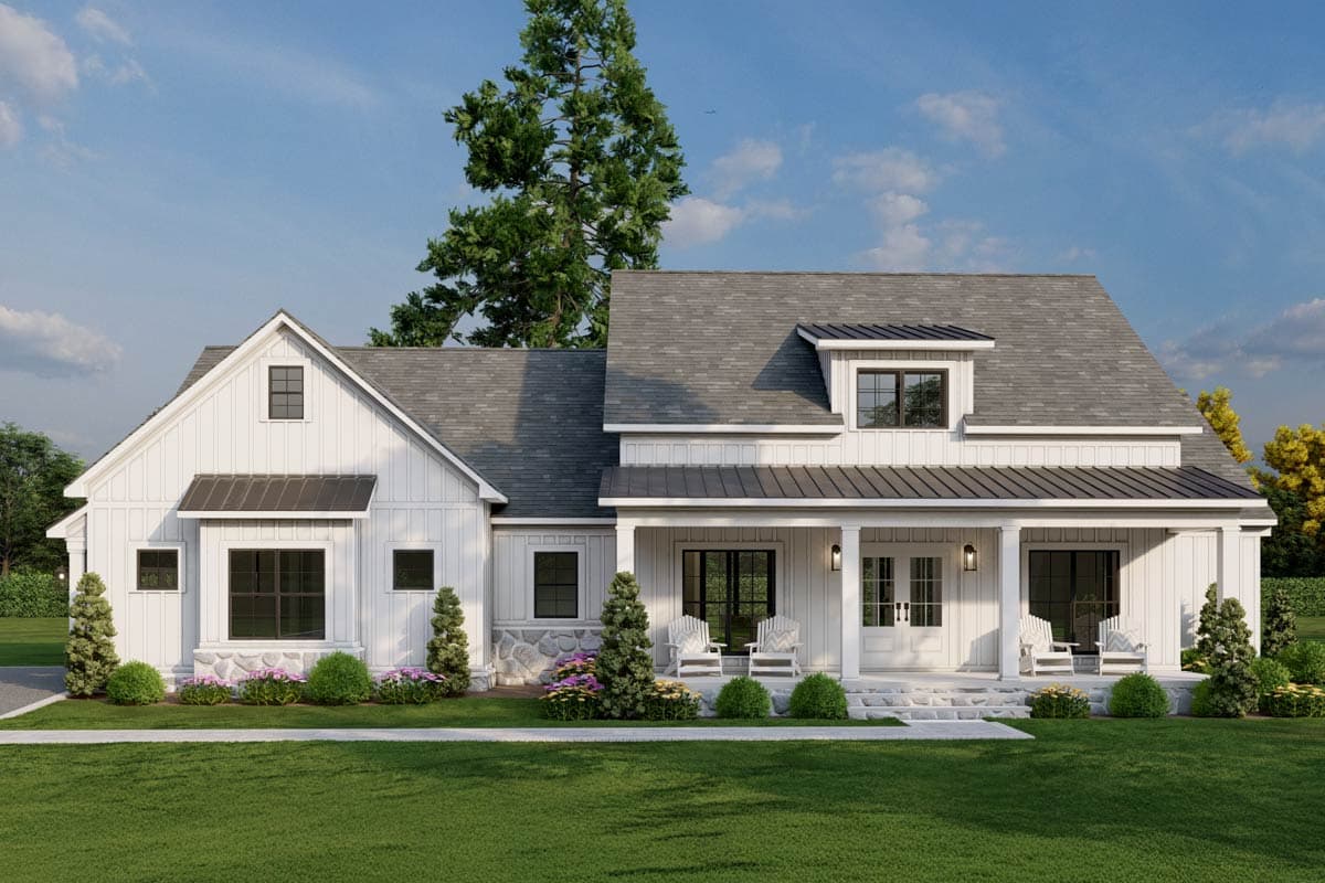 House plan exterior. Modern Farmhouse style with a front porch, gables, and a dormer. The house has a two-story layout with a stone facade.