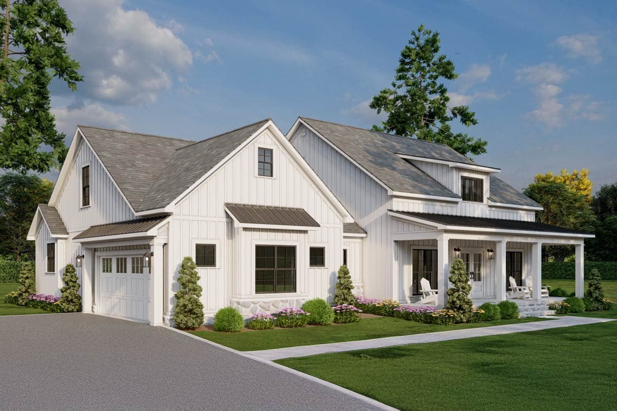 Modern Farmhouse house plan exterior, 2 stories, white board and batten siding, gabled roof, covered front porch, attached garage.