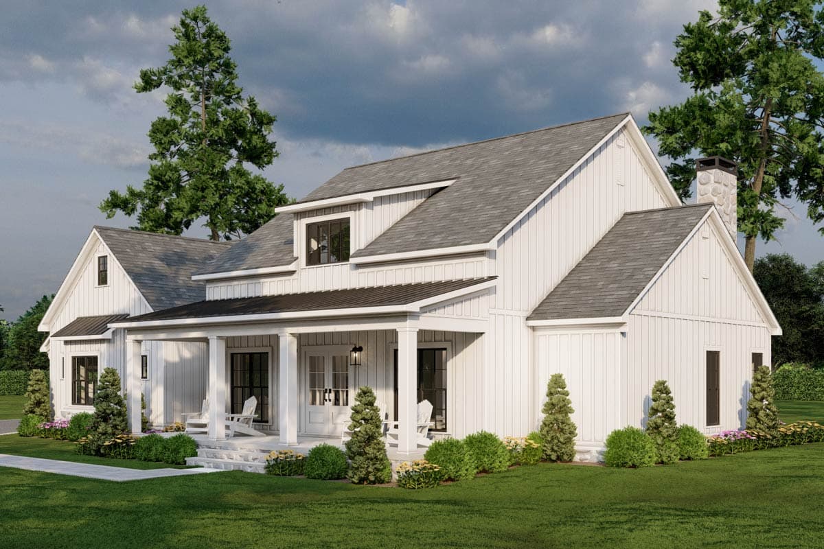 Modern Farmhouse house plan exterior with a covered porch, dormer window, gables, and stone chimney.