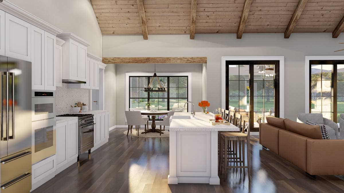 Modern farmhouse interior rendering: kitchen with island, dining area, and great room with exposed beams and vaulted ceiling.