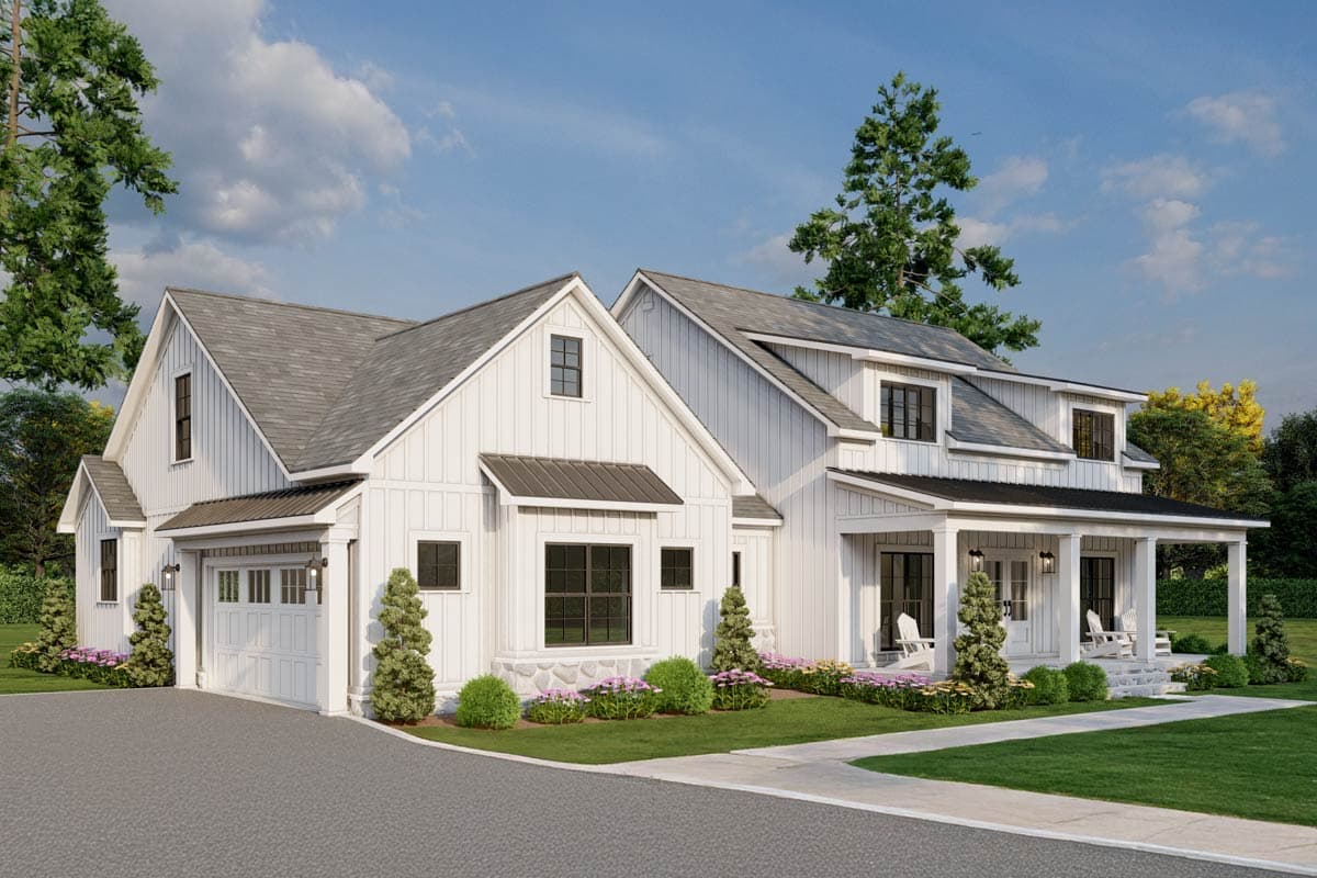 Modern farmhouse house plan exterior with gables, a covered porch, and an attached garage.