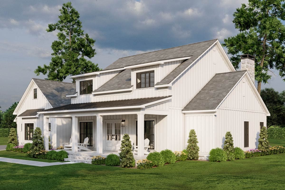 Modern Farmhouse house plan exterior with a large wrap-around porch, gables, and stone chimney.