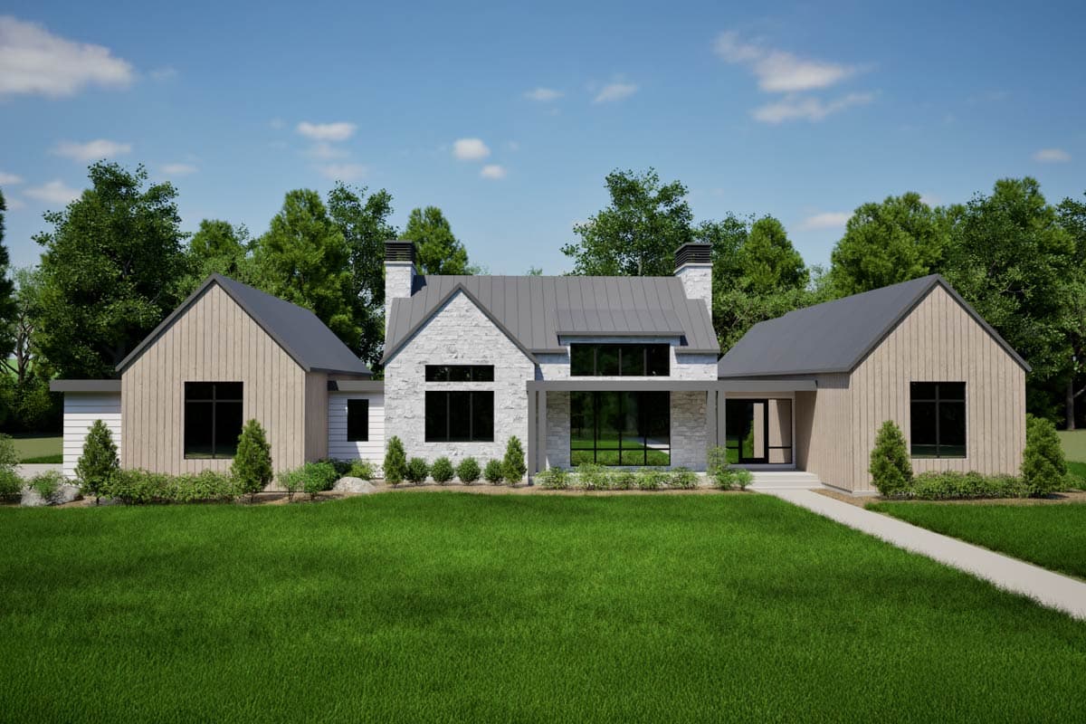 House plan exterior with board and batten siding, stone facade, and metal roof. Features include gables, porch, and a linear roofline.