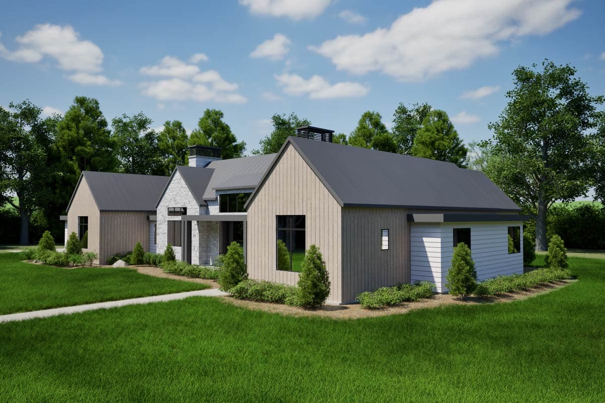 House plan exterior rendering showing a modern home with gable roofs, stone accents, wood siding, and large windows.