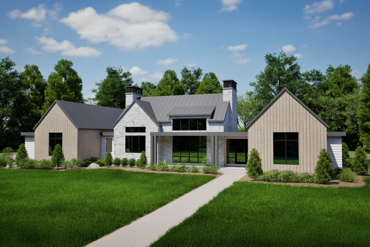 House plan exterior: Modern style, stone and wood siding, gabled roofs, two chimneys, and large windows.