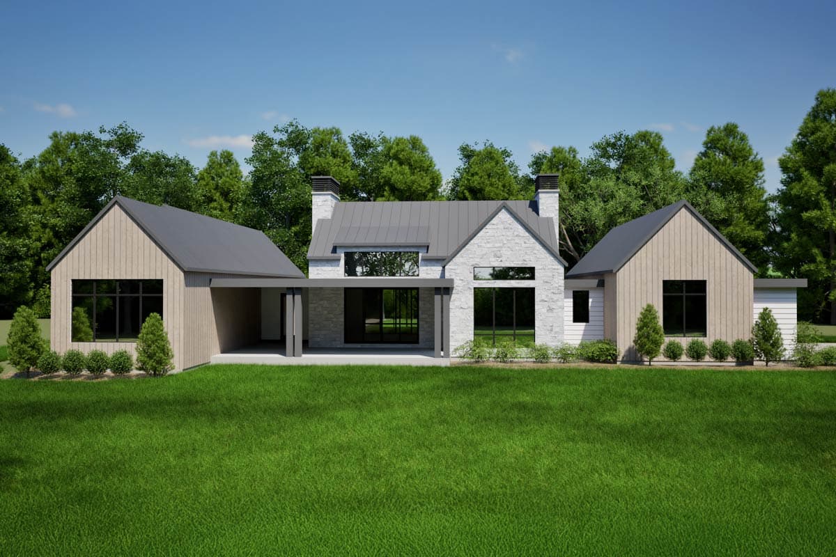 House plan exterior rendering: modern style, stone and wood siding, gabled roof, and covered patio.