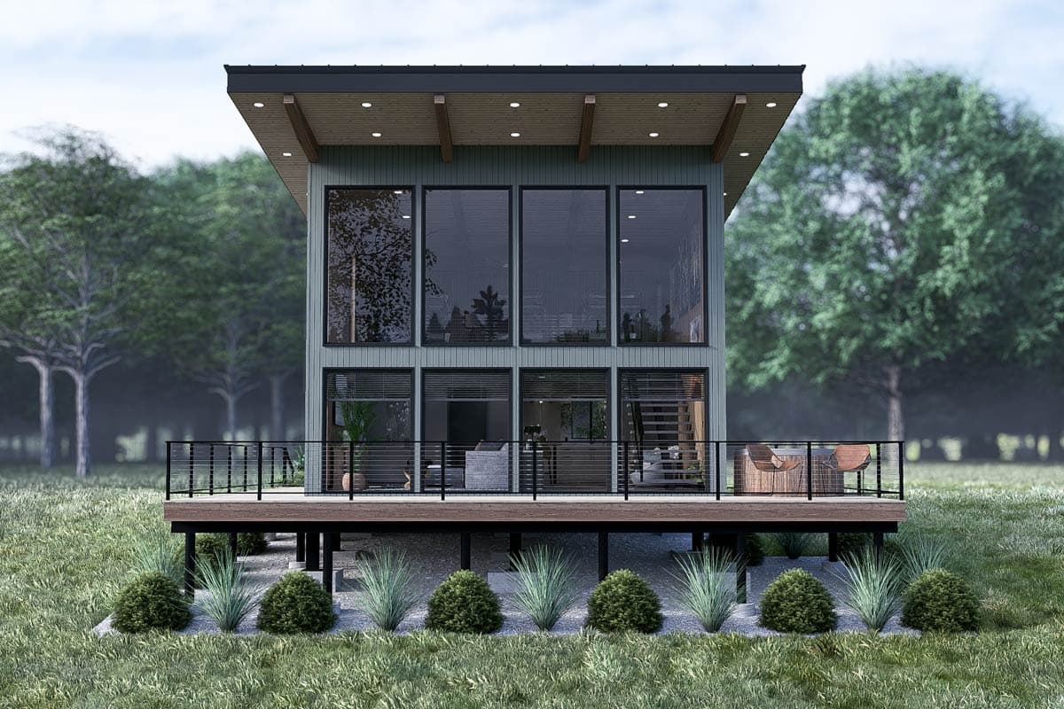 Modern house plan exterior with two stories, large windows, a wraparound deck, and a flat roof.