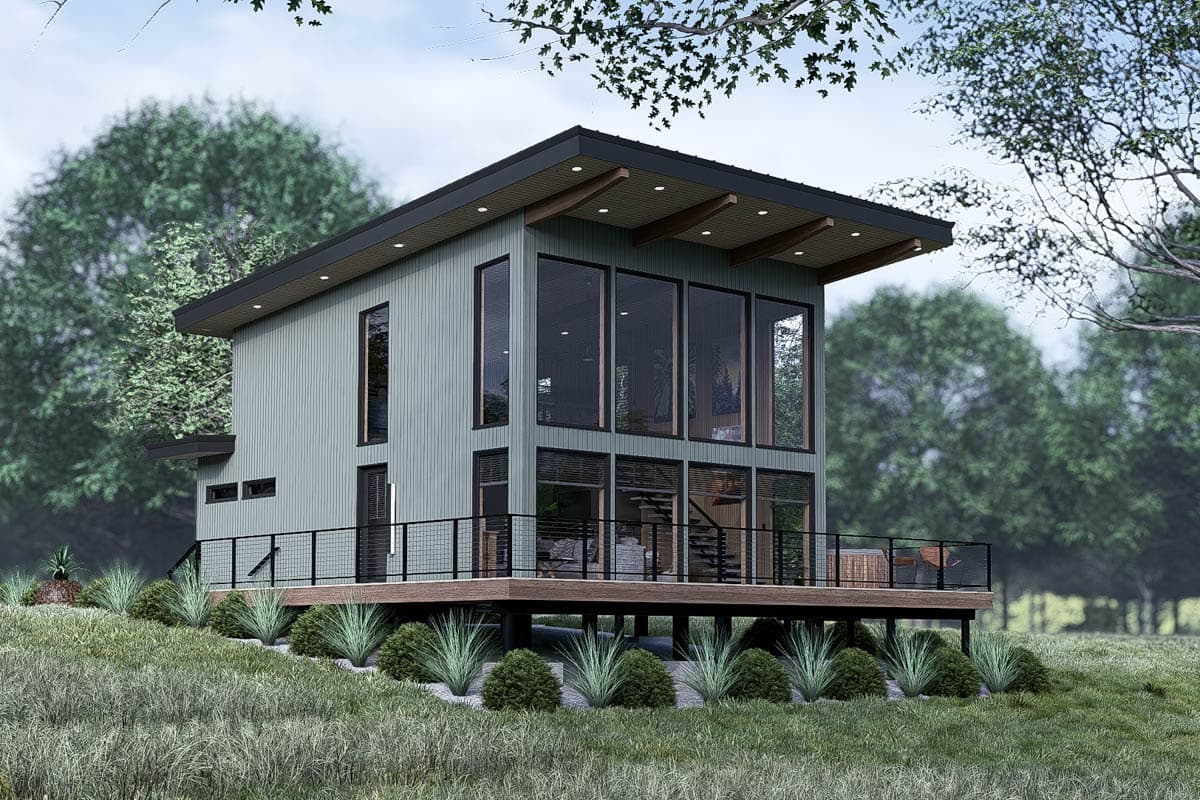 House plan exterior. Modern style, two-story home with large windows, a flat roof, and a deck with metal railing.