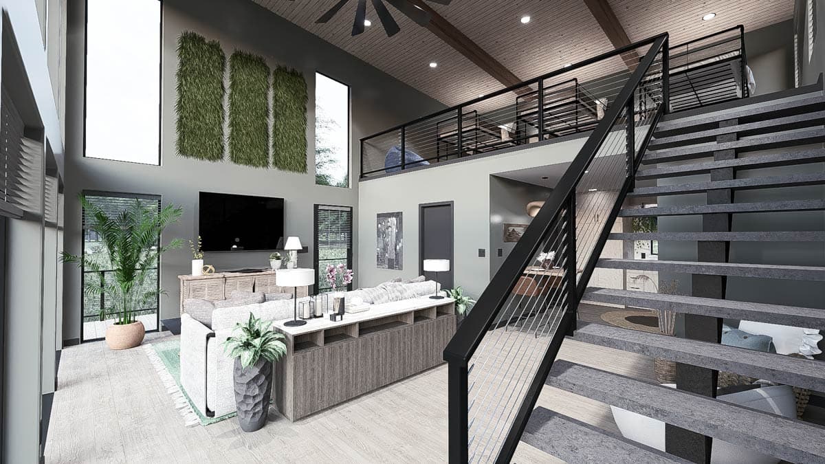 Plan 700502SND: Contemporary Mountain House Plan with Two-Story Great Room & Bunk Loft - 1093 Sq Ft - Image #5 - Cabin, Contemporary, Cottage, Mid Century Modern, Mountain, Vacation