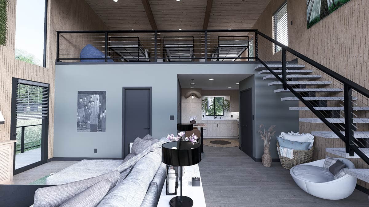 Interior rendering of a modern house with an open-concept living area, loft with beds, and a view of the kitchen.