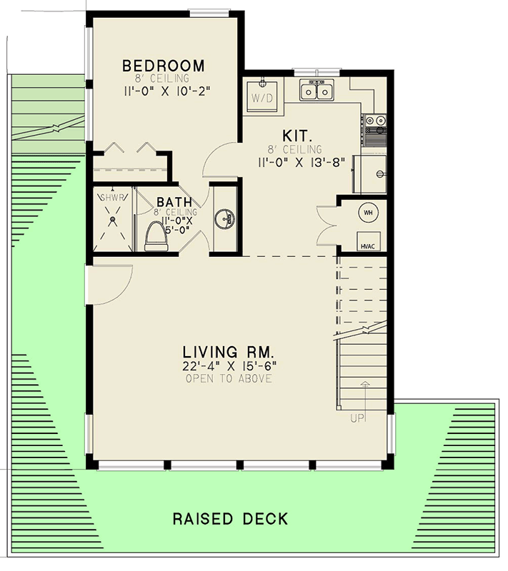 Plan 700502SND: Contemporary Mountain House Plan with Two-Story Great Room & Bunk Loft - 1093 Sq Ft - Floor Plan - Main Level - Cabin, Contemporary, Cottage, Mid Century Modern, Mountain, Vacation