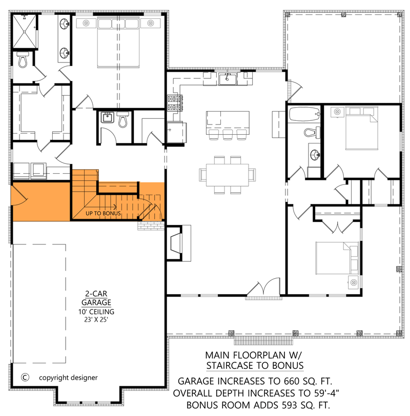 Plan 56554SM: 3-Bed Modern Farmhouse Plan with Wrap Around Porch and Upgrade Options - 1673 Sq Ft - Floor Plan - Main Level - Bonus Option - Stair Location - Country, Farmhouse, Modern Farmhouse