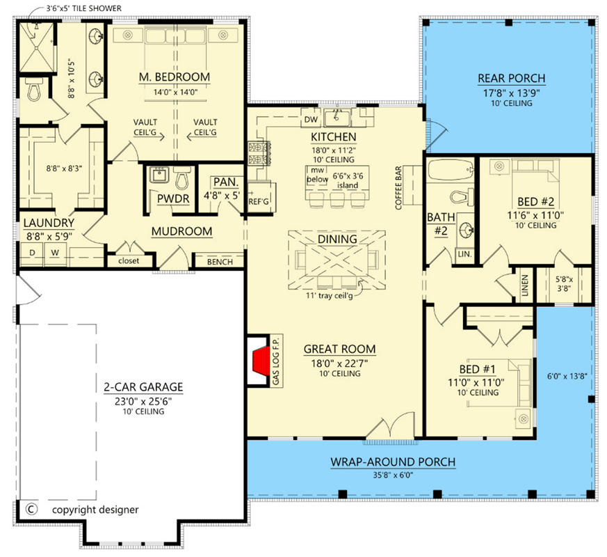 Plan 56554SM: 3-Bed Modern Farmhouse Plan with Wrap Around Porch and Upgrade Options - 1673 Sq Ft - Floor Plan - Main Level - Country, Farmhouse, Modern Farmhouse