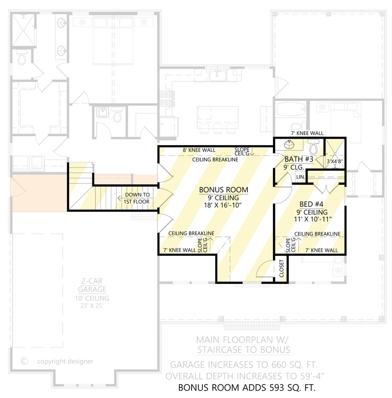 Plan 56554SM: 3-Bed Modern Farmhouse Plan with Wrap Around Porch and Upgrade Options - 1673 Sq Ft - Floor Plan - 2nd Floor - Bonus Option ($ Paid Option) - Country, Farmhouse, Modern Farmhouse