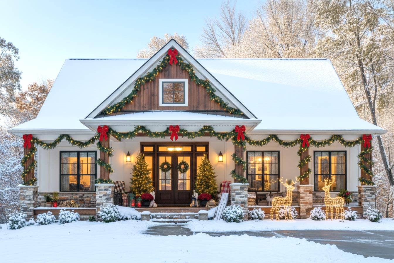 A snow-covered house decorated for Christmas, with garland, red bows, and lit Christmas trees on the porch. Illuminated reindeer stand in the yard.