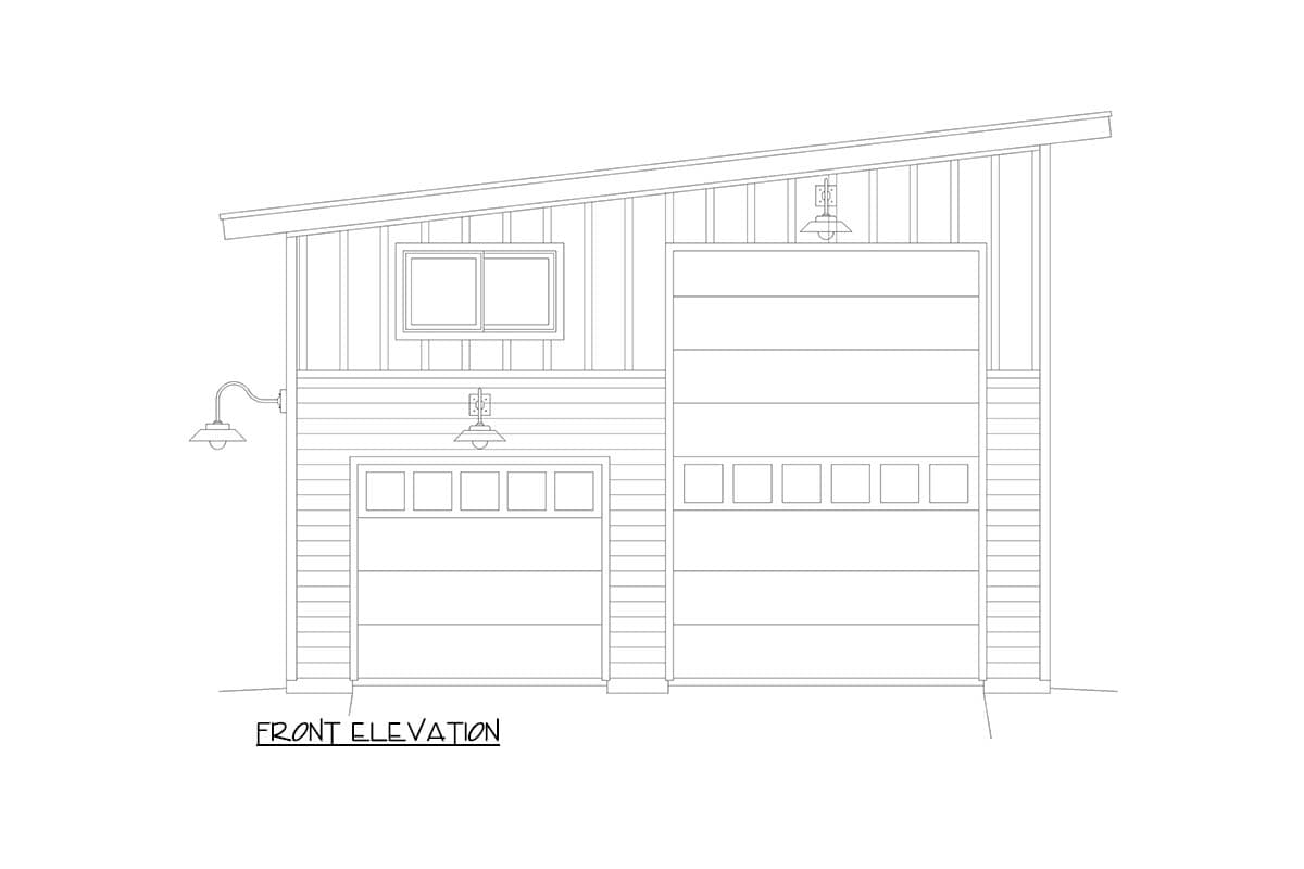 Front elevation drawing of a house plan with two garage doors, a sloped roof, and exterior lighting.