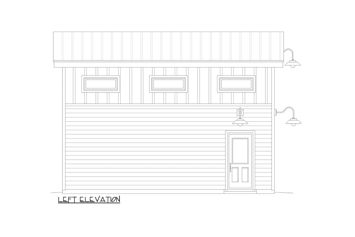 Left elevation house plan shows horizontal siding, a door, three upper windows, and barn-style exterior lights.