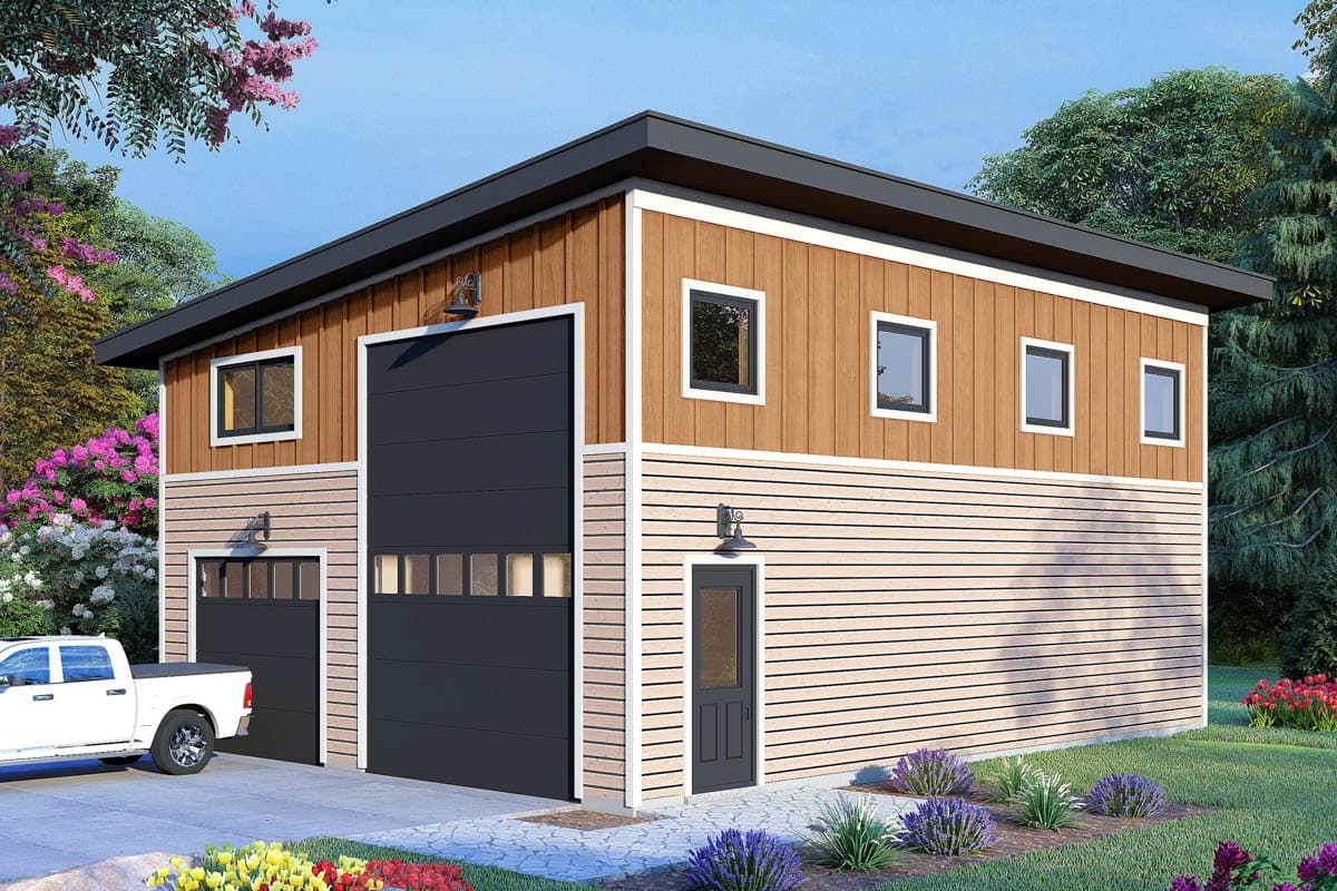 House plan exterior with two garage doors and small entry door. Features a flat roof with horizontal and vertical siding. Square windows are present.