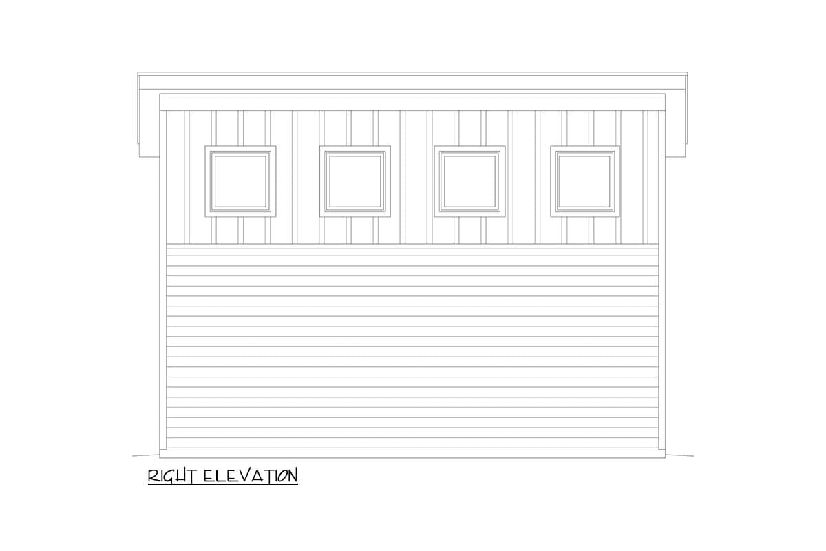 Right elevation drawing of a house plan featuring horizontal siding below and vertical siding above with four square windows.