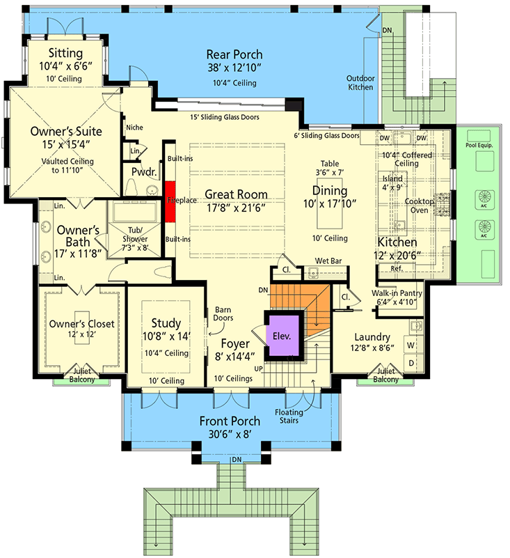 Plan 33277ZR: Three-Story Coastal House Plan with Outdoor Kitchen - 3604 Sq Ft - Floor Plan - Main Level - Coastal, Coastal Contemporary, Florida-Style