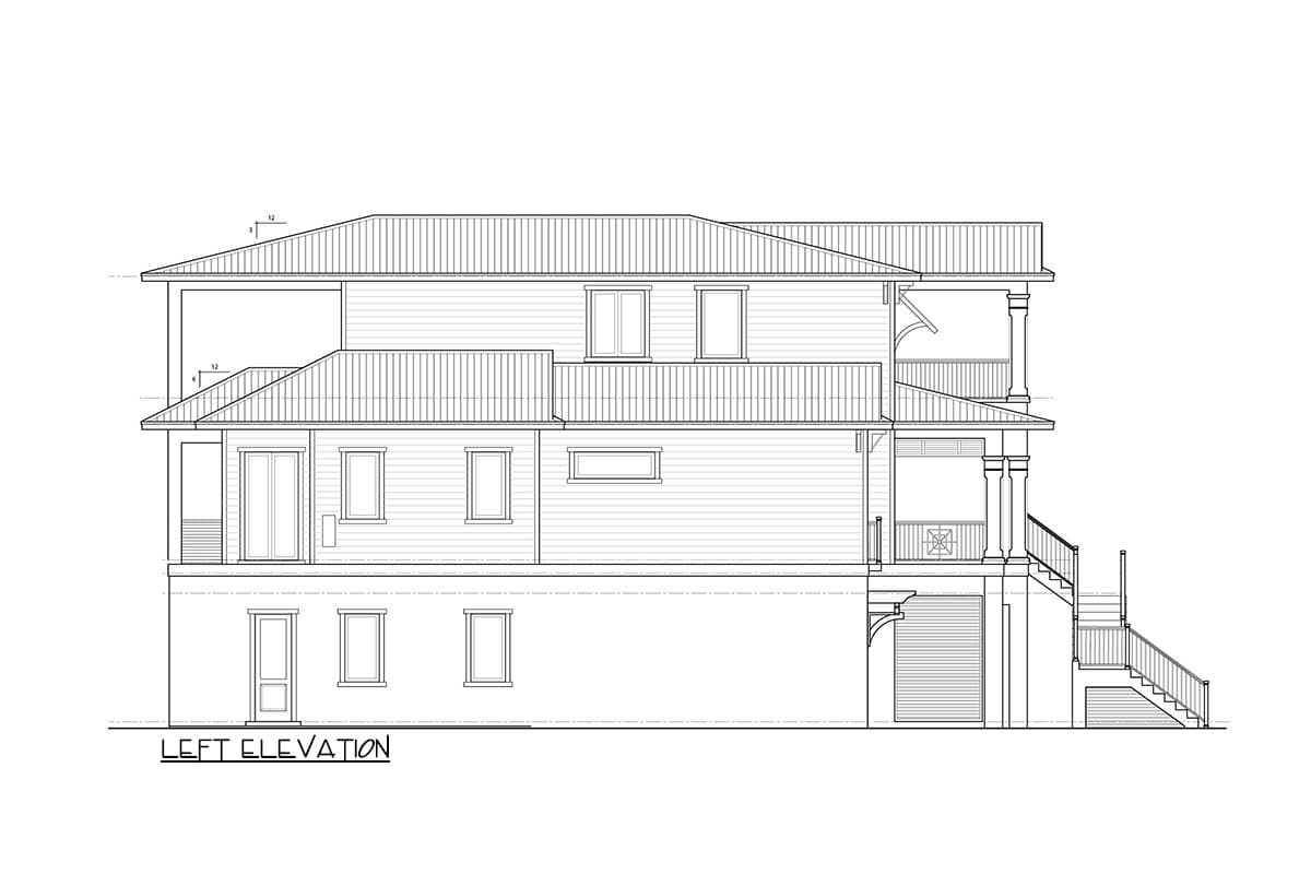 Left elevation drawing of a three-story house plan with multiple balconies, gabled rooflines, and a garage.