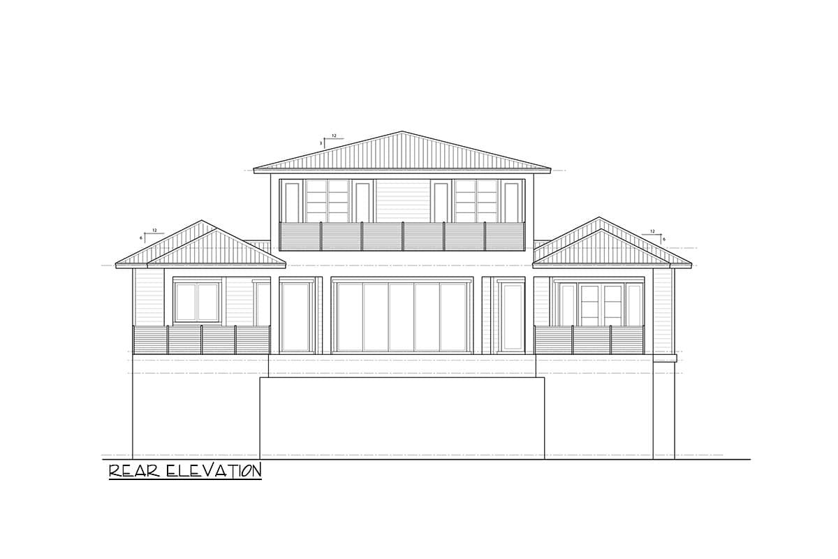 Rear elevation drawing of a two-story house with gabled roofs, balconies, and sliding glass doors.