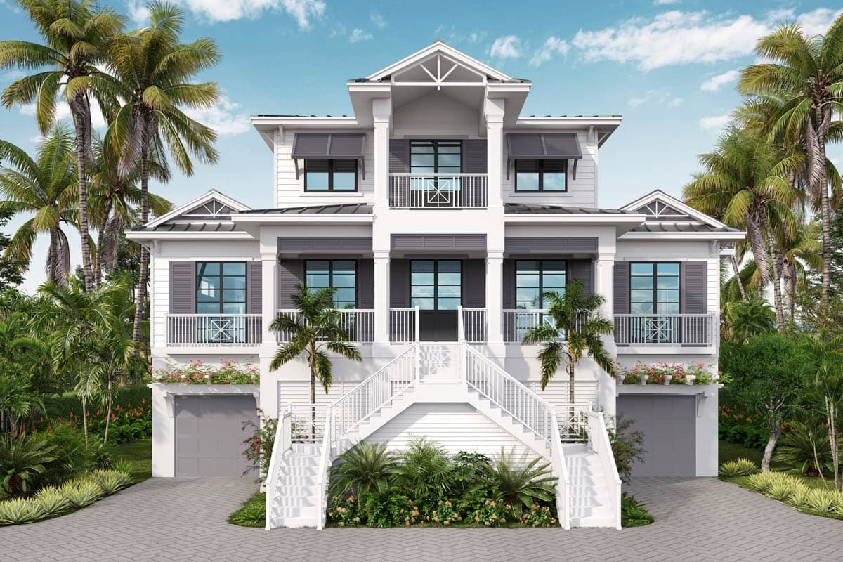 House plan exterior featuring a two-story design with a raised porch, multiple balconies, gabled rooflines, and a symmetrical facade with columns.