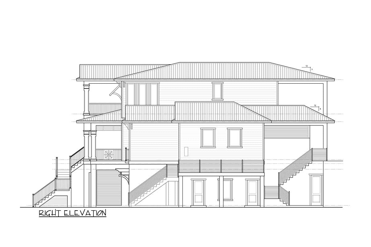 Right elevation house plan drawing showing multiple levels, porches, stairs, and windows.