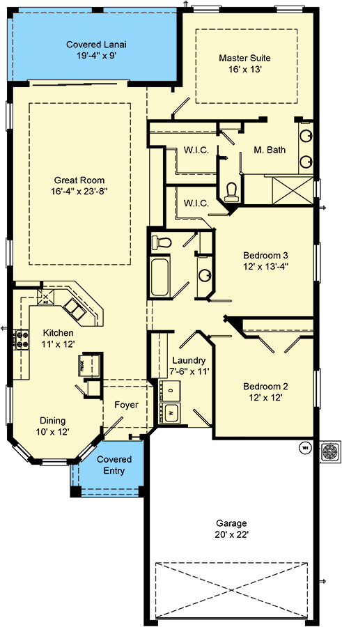 Plan 64338BT: Single-Story Florida House Plan with Clustered Bedrooms - 1830 Sq Ft - Floor Plan - Main Level - Florida-Style, Ranch