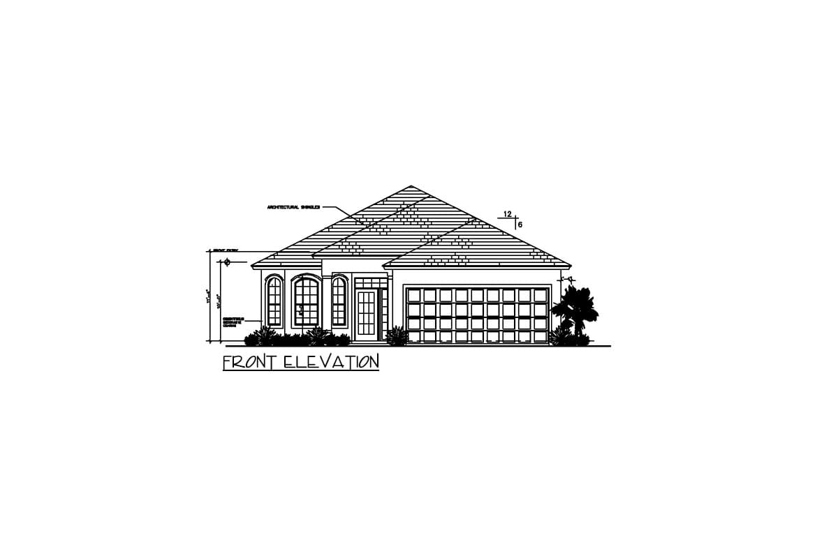 Front elevation drawing of a single-story house plan with a hip roof, arched windows, and a two-car garage.