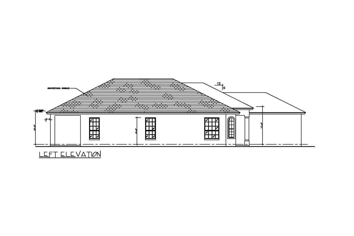 Left elevation house plan showing a single-story structure with a two-car garage, gabled roof, and multiple windows.