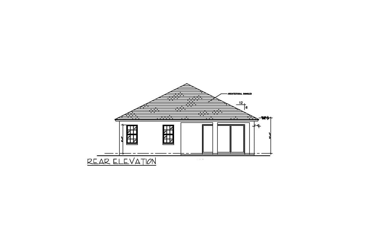 Rear elevation drawing of a house with two windows and sliding glass doors.