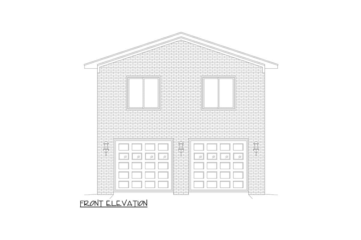 Front elevation drawing of a two-story house plan with brick facade, two garage doors, and two upper windows.