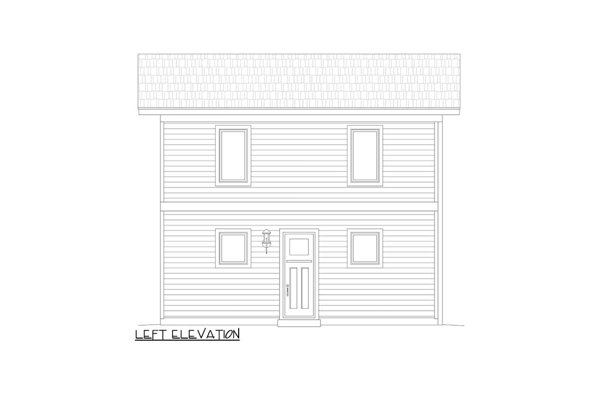 Left elevation house plan drawing of a two-story home with horizontal siding, a shingled hip roof, and five windows.