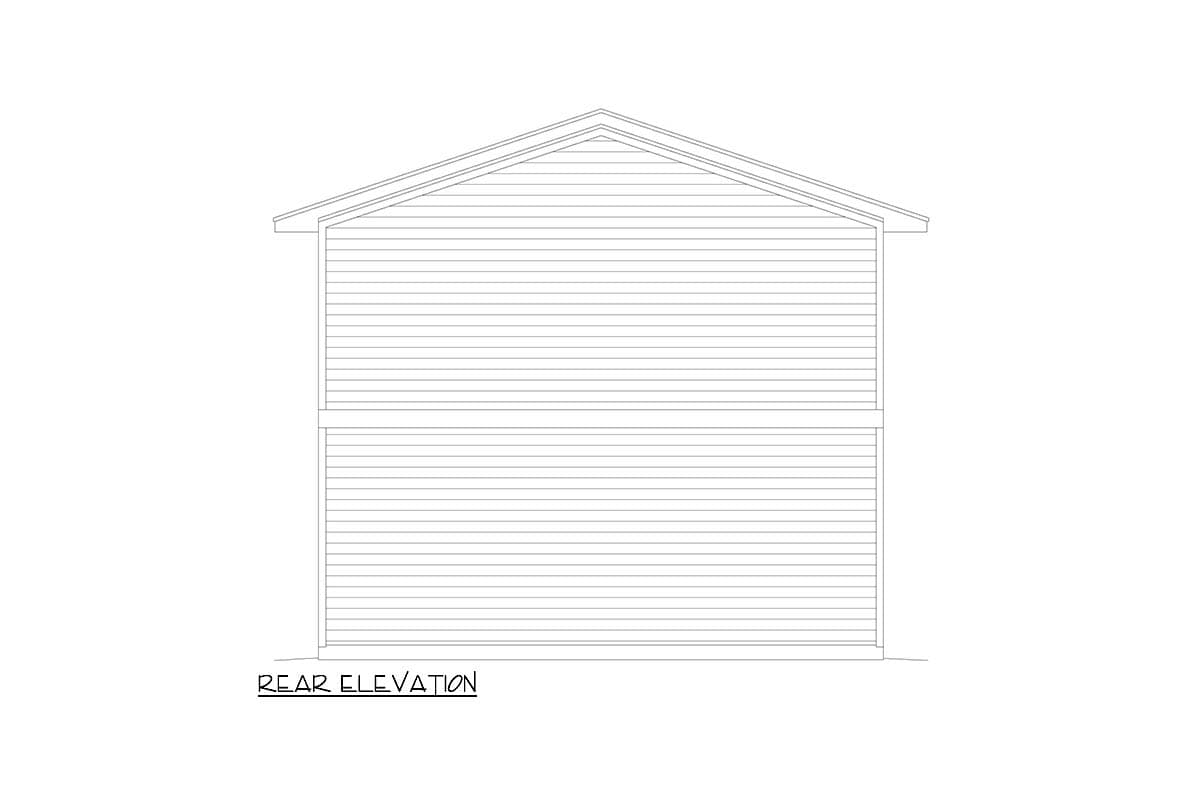 Rear elevation drawing of a house plan featuring horizontal siding and a gabled roof.