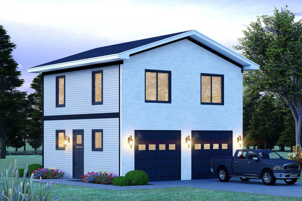 Two-story house plan exterior featuring a gable roof, two-car garage, and a mix of horizontal siding and brick veneer.