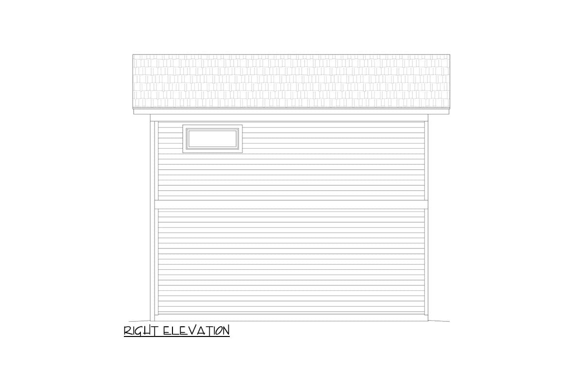 Right elevation drawing of a house plan showing siding and a rectangular window with a shingled roof.