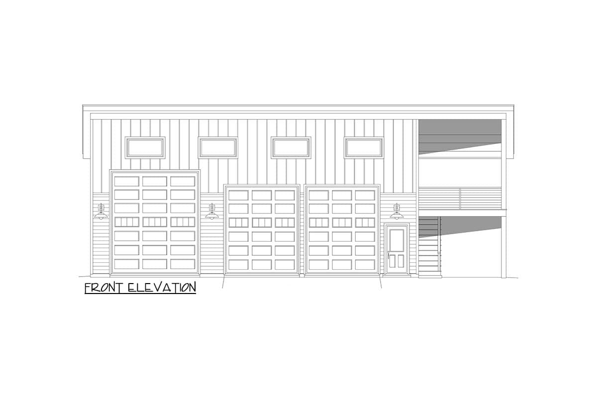 Front elevation drawing of a modern house plan featuring three garage doors, a side entry door, and an upper-level balcony.