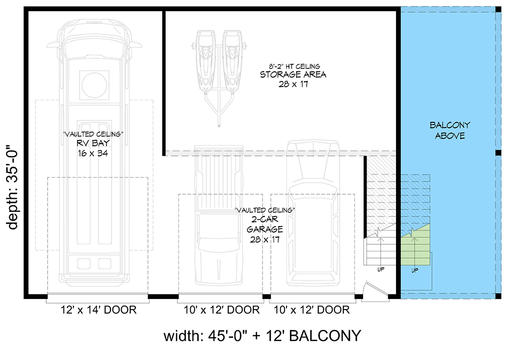 Plan 680528VR: RV Garage Apartment Plan – 1,575 Sq Ft 2-Car + RV Bay with 509 Sq Ft Studio Loft - Floor Plan - Main Level - Carriage, Contemporary, Mid Century Modern, Modern
