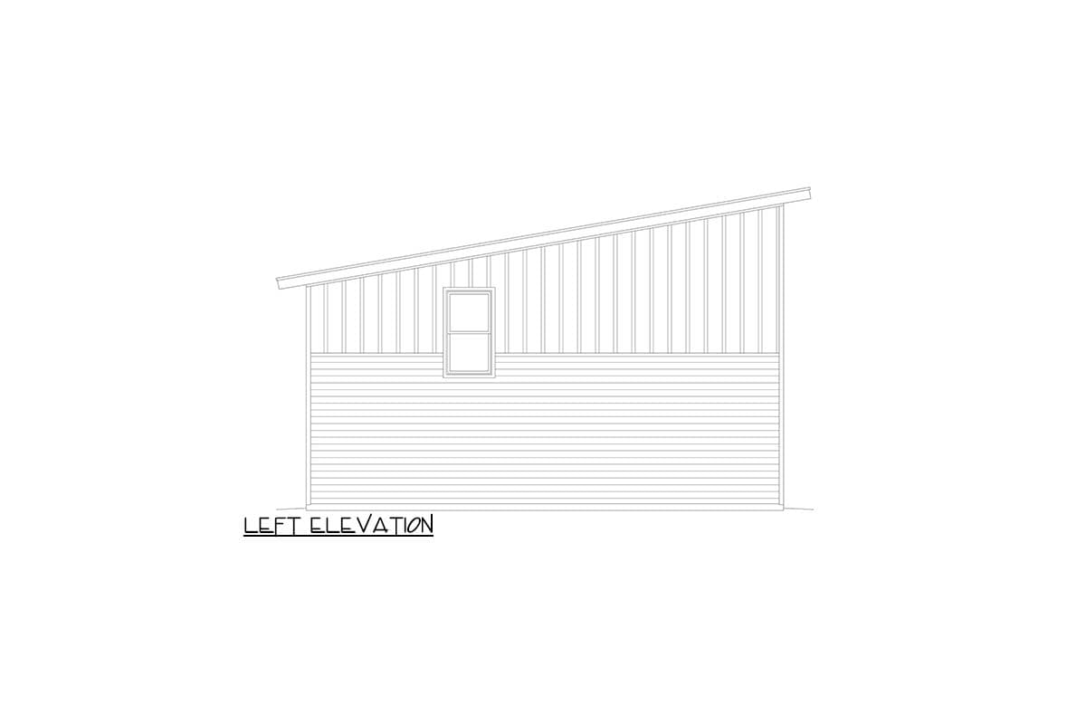 Left elevation drawing of a house plan featuring a shed roof, horizontal siding below vertical siding, and one window.