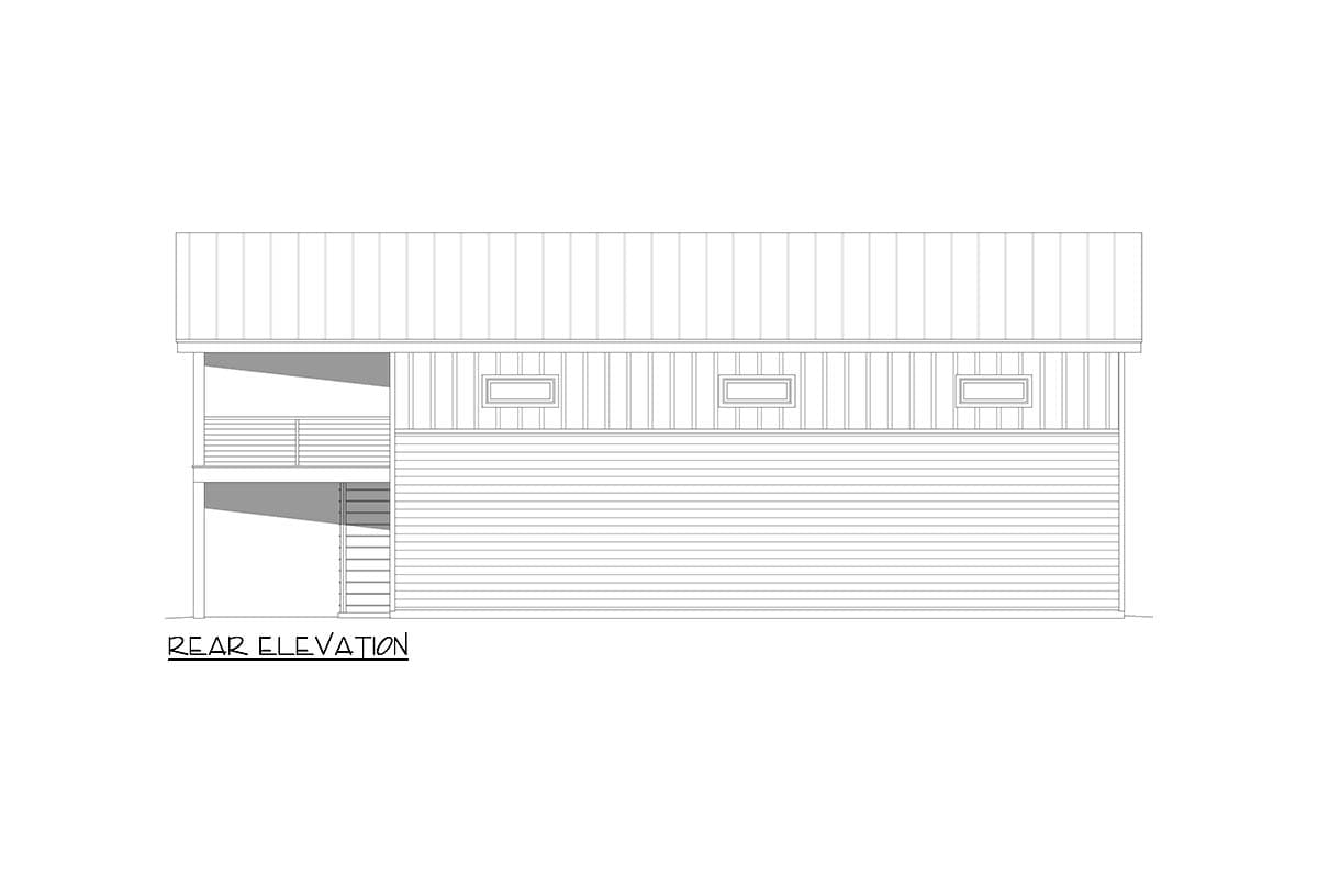 Rear elevation of a two-story house plan with a metal roof, balconies, and horizontal siding.