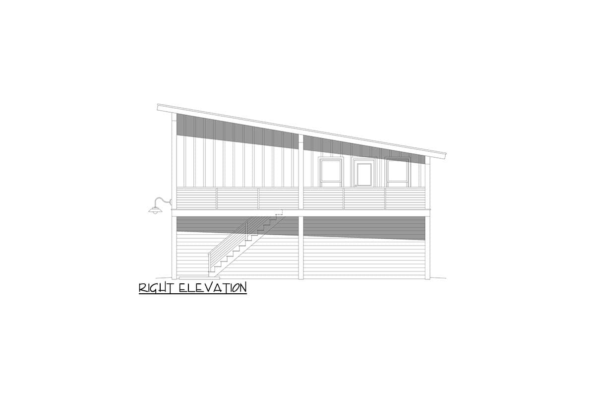 Right elevation drawing of a two-story house with a shed roof, a second-story deck, and exterior stairs.