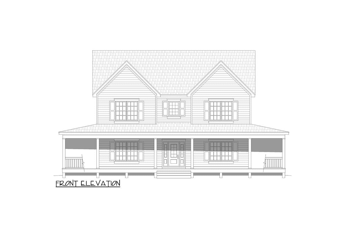 Front elevation drawing of a two-story house with a full-width covered porch, double gables, and symmetrical windows.