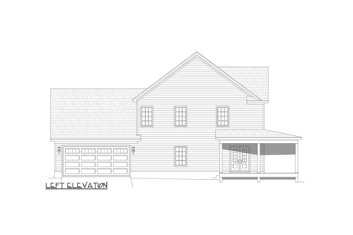 Left elevation house plan showing a two-story home with attached garage, gable roof, and front porch with columns.