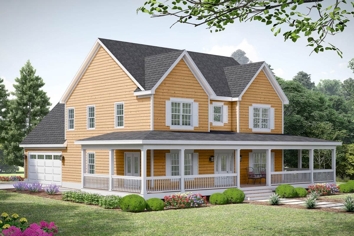 Two-story house plan exterior with siding, wrap-around porch, gables, and attached two-car garage.