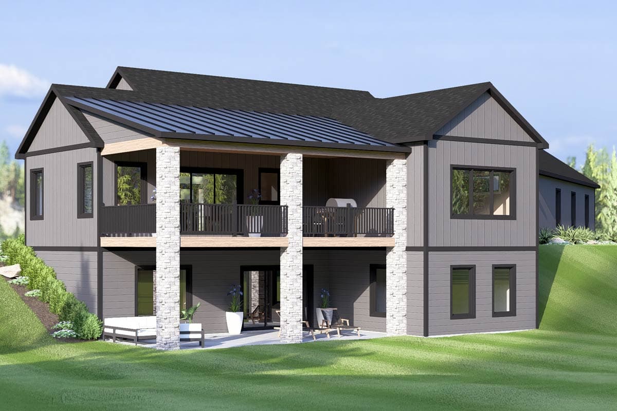 House plan exterior view of a two-story modern home with a covered deck, stone-clad pillars, and dark metal roof.