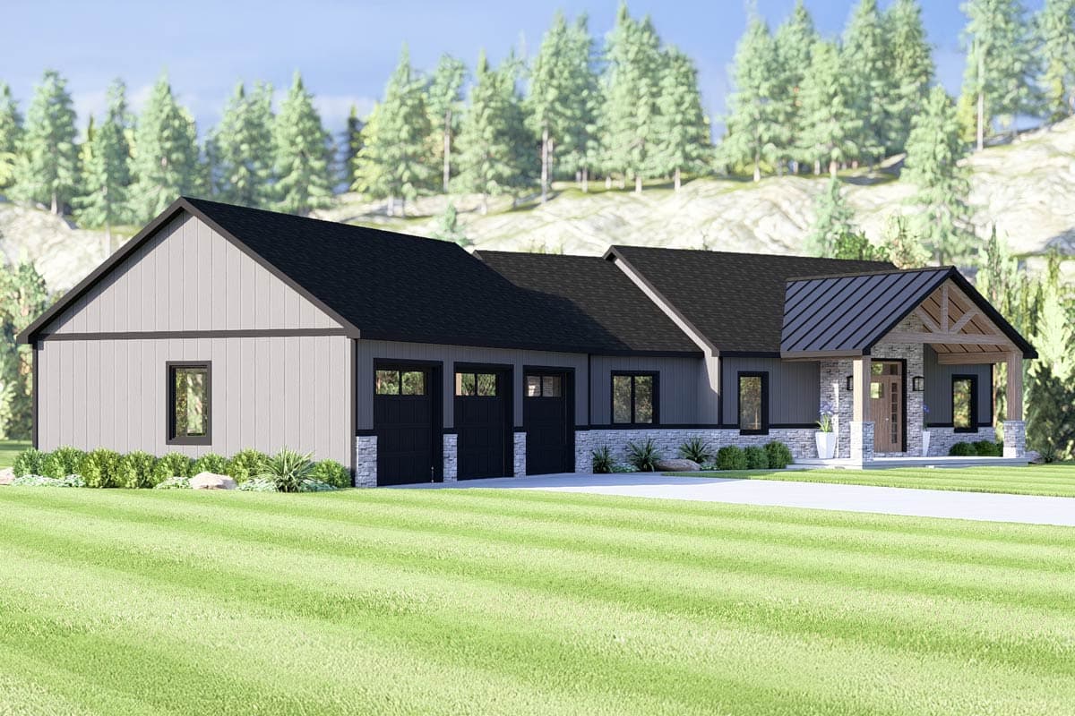 Plan 135330GRA: 1-Bed Mountain Ranch House Plan with Angled 3-Car Garage - 1738 Sq Ft - Image #5 - Mountain, Ranch